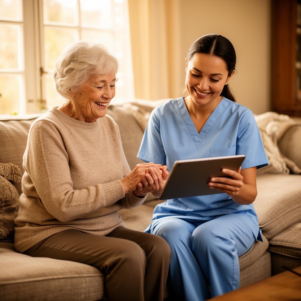 Home care nurse reviewing a visit plan with a senior client at home